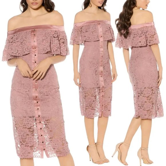 Keepsake The Label Blush Star Crossed Off Shoulder Lace Midi Dress S Mauve Pink - Picture 1 of 15